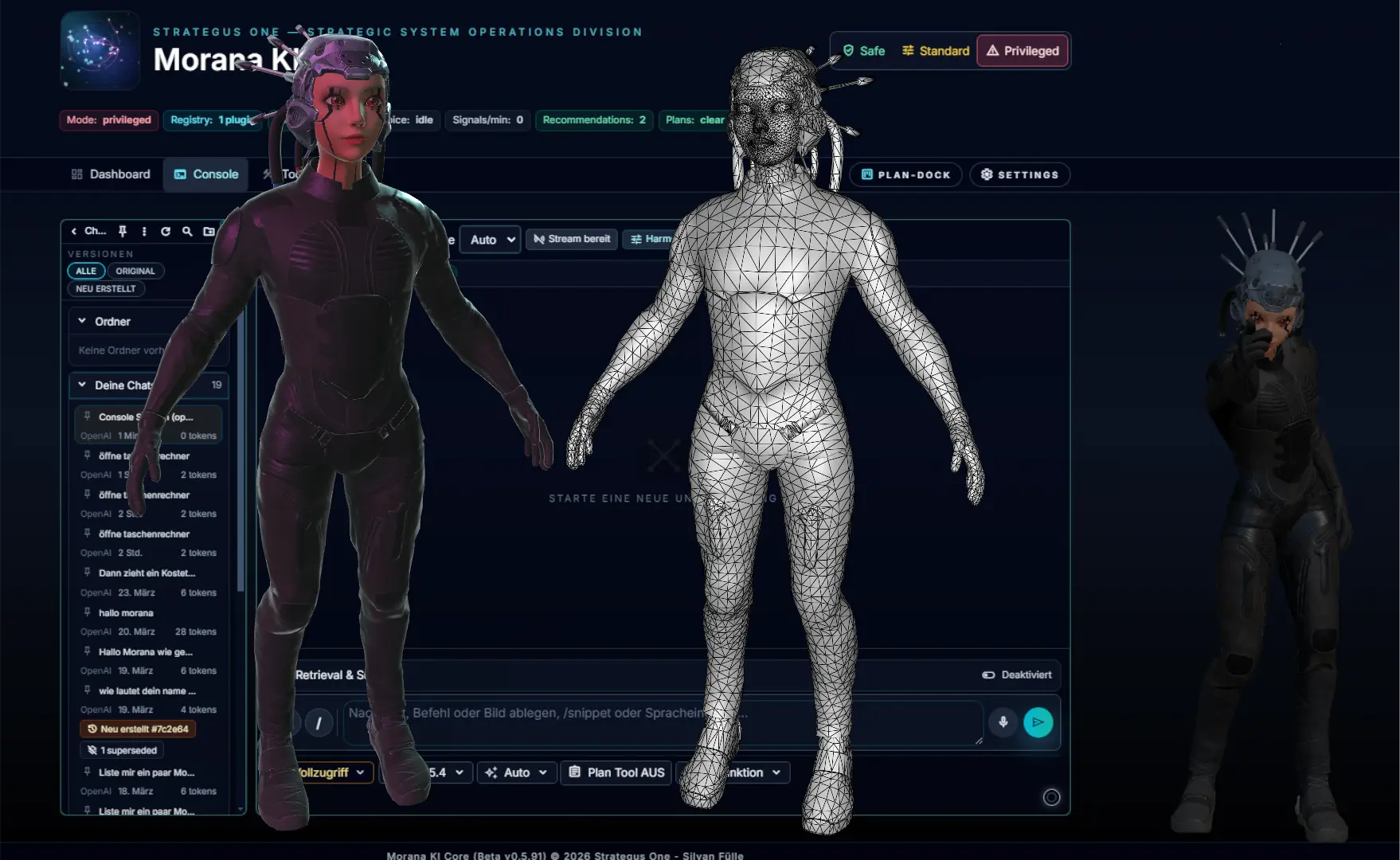 Moranas 3D-Avatar als gerenderte Figur und Drahtgittermodell vor einer Entwicklungsumgebung.
