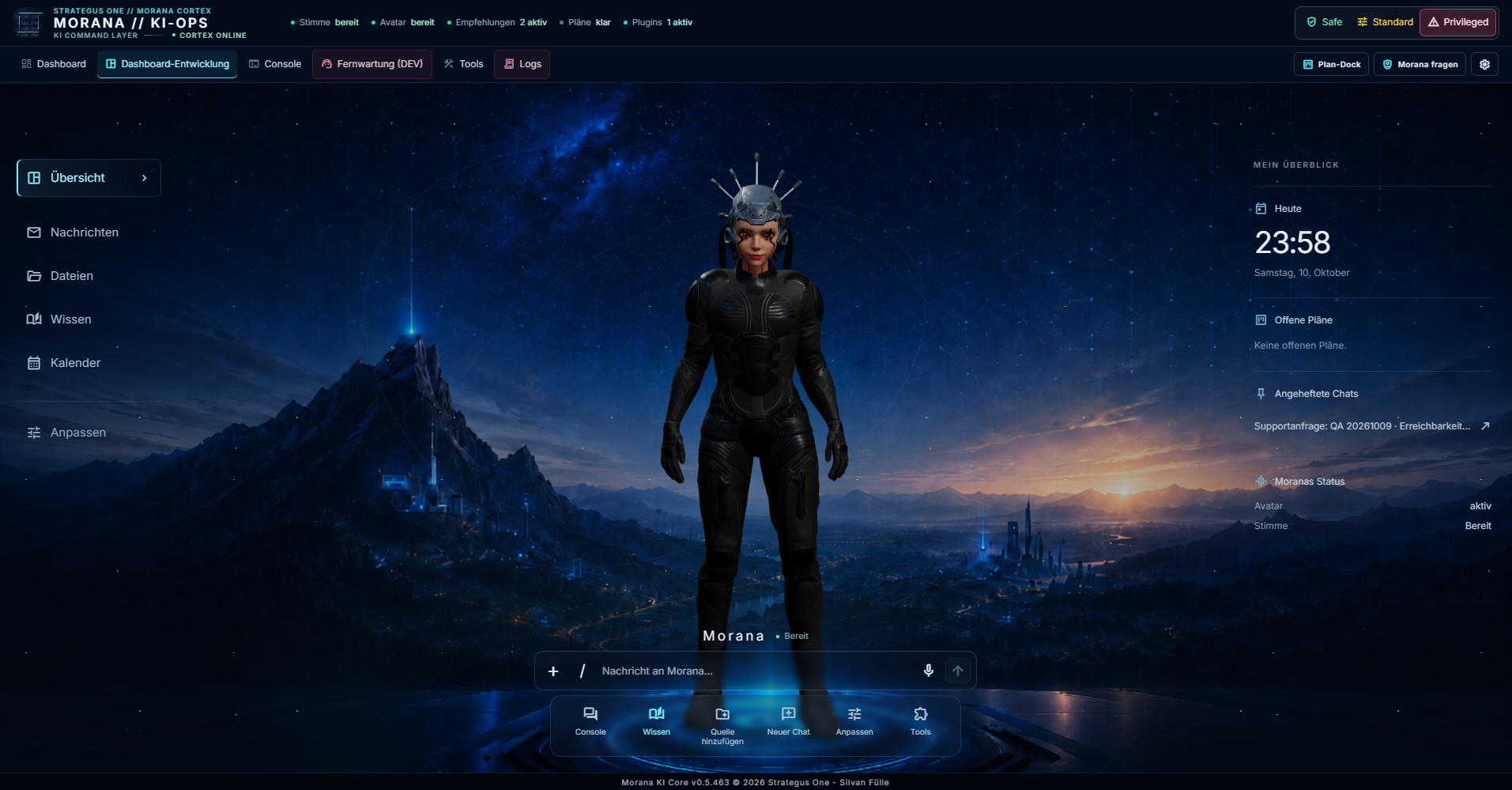 Moranas 3D-Avatar im Strategus-One-Dashboard vor einer blauen Berglandschaft.